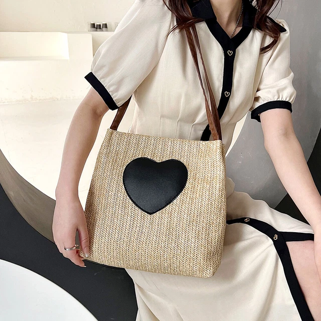 Summer Love Straw Woven Handbags Women Knitted Bucket Shoulder Bag (Camel) 5