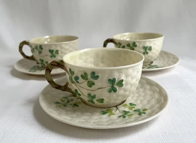 Belleek  Basketweave Shamrock Teacups & Saucers 2nd Black Mark Set Of 3