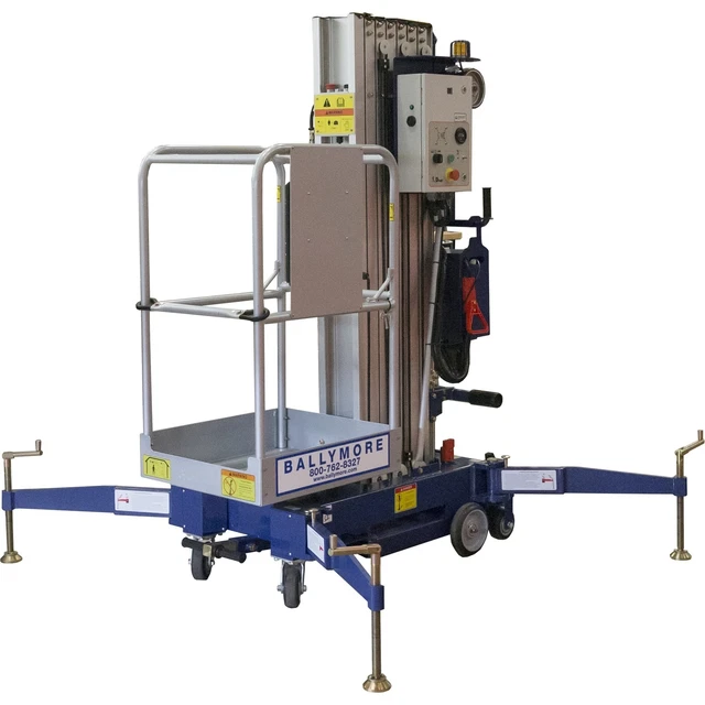 Ballymore Single Mast Lift, Capacity 300 lb, Working 35 ft, Platform 360 in
