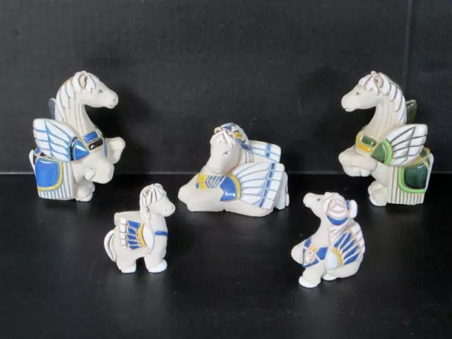 5 Pegasus Winged Horse Clay Figurines - Artist Signed - Nicely Hand Crafted