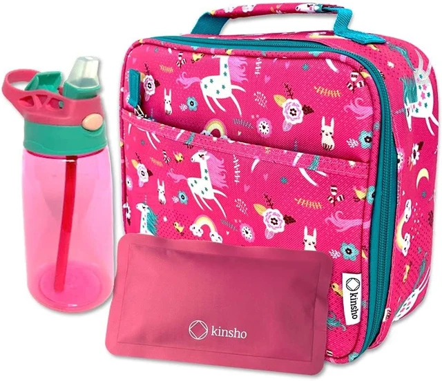 Kinsho Lunch Bag Water Bottle and Ice Pack Set, Girls Lunch-Box for School or
