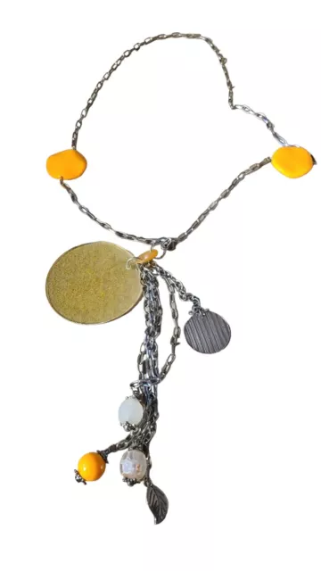 Orange Yellow And Silver Cluster Dangle Pendant Chain Necklace 22"