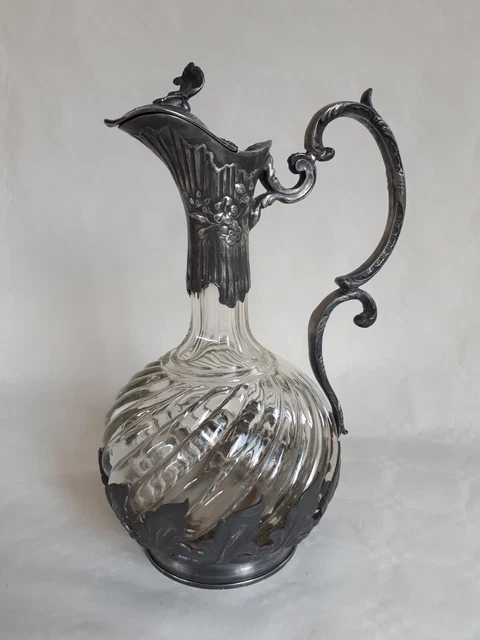 Carafe à Vin Vintage Verre Motif Raisin - Aiguière Couvercle Métal Argenté