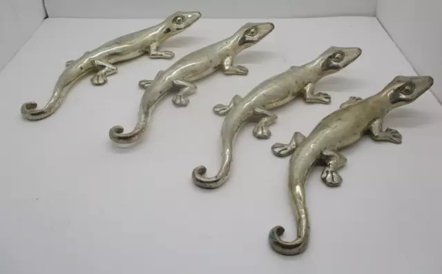 4 Large Silvertone Metal Gecko Lizard Sculptures Figures
