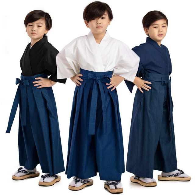 Japanese Samurai Boys Yukata Kimono Kendo Gi + Hakama Pants Set Cosplay Costume