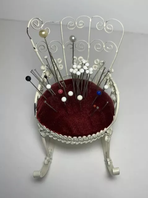 Vintage Pin Cushion Tin Can Tramp Folk Art Chair With Red Velvet Cushion
