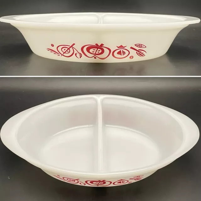 Glasbake Red Apple J-239 Red on White Oval Divided Casserole Dish Made in USA