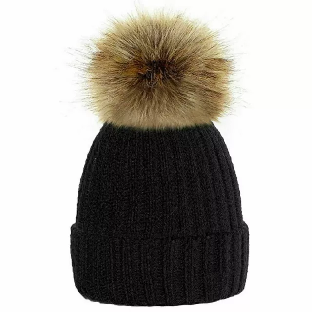 WOMEN Warm WINTER KNITTED BEANIE SKI HAT DETACHABLE FAUX FUR BOBBLE POM POM CAP