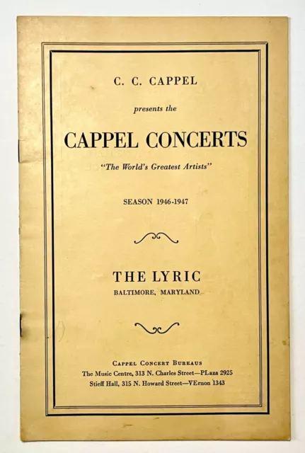 1946-1947 Season Cappel Concerts Vintage Program Lyric Baltimore MD Music Ads