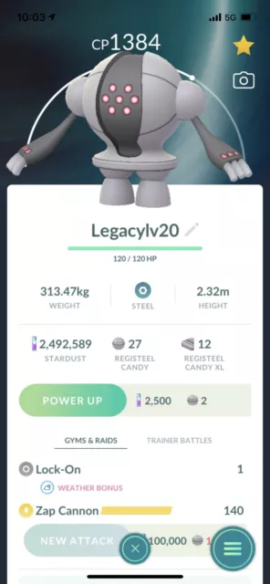 Registeel Legacy Zap C. Pokemon Trade Go Lv 20 Pokémon Go Registered Only Pvp