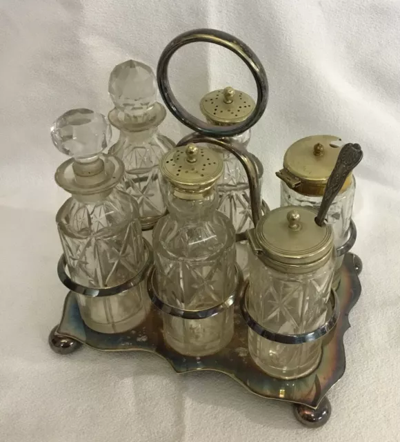 Vintage Silver Plate Cruet Set Condiment Holder Cut Glass Bottles Jars & EPNS