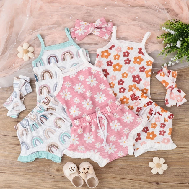 Newborn Baby Girls Floral Outfits Sleeveless Sling Romper Tops+ Shorts+Headband