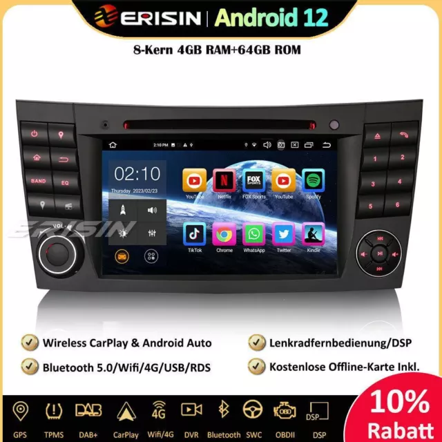 8-Kern Android 12 Autoradio GPS DAB+CarPlay 4G Mercedes E/CLS/G Klasse W211 W219