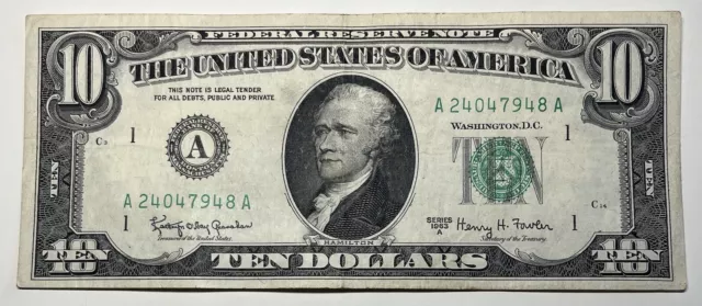 1963 A $10 Ten Dollar Bill Federal Reserve Note  Boston MA Vintage Old Currency