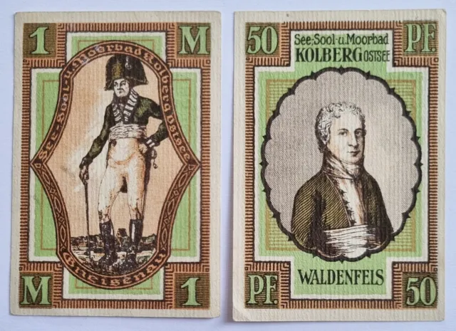 2 Alte Geldscheine, Notgeld aus: Kohlberg Ostsee - 50 Pfennig + 1 Mark von 1921