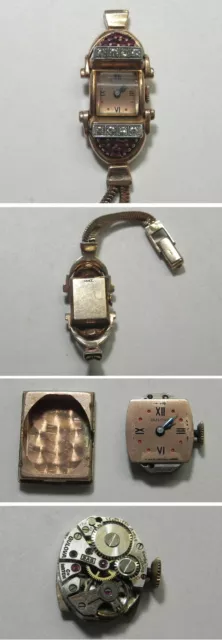 Vintage 1940s Retro 14K Rose Gold Diamonds Rubies Bulova Watch, Runs, Parts/Repa