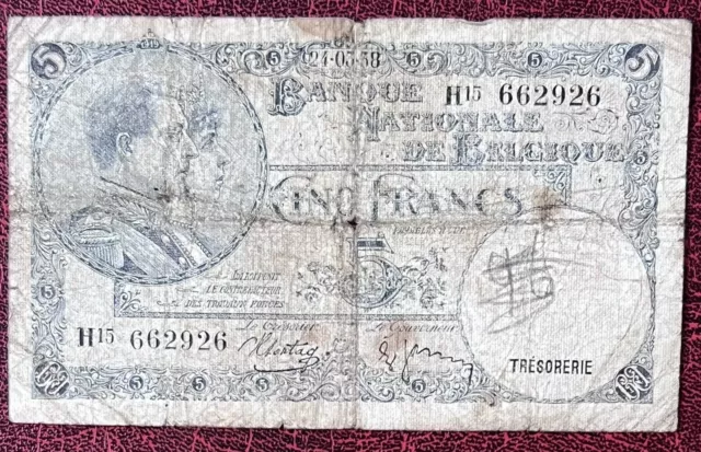 N1170: Belgien Banque Nationale de Belgique 5 Franken 24.03.1938 Banknote P108a 