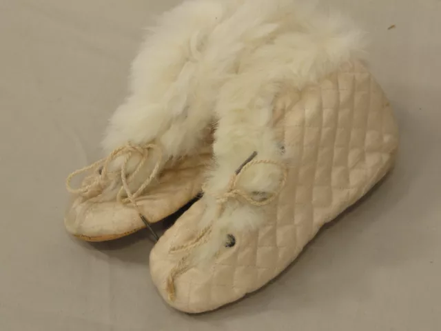 Antique Early 20Th Century 1900'S Quilted Fur & Leather Baby Shoes/Booties Vtg