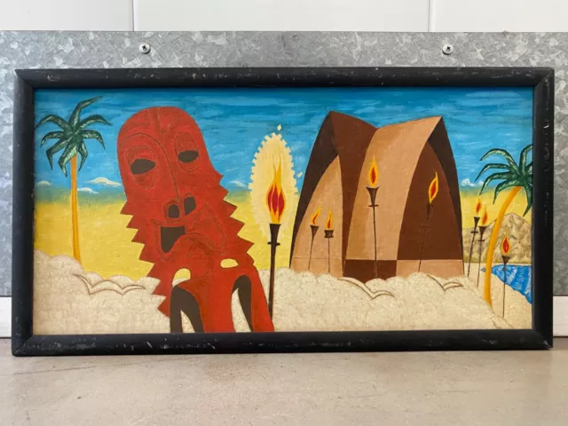 🔥 Vintage Mid Century Modern Tiki Hawaii Polynesian Oil Painting, Signed 1960s