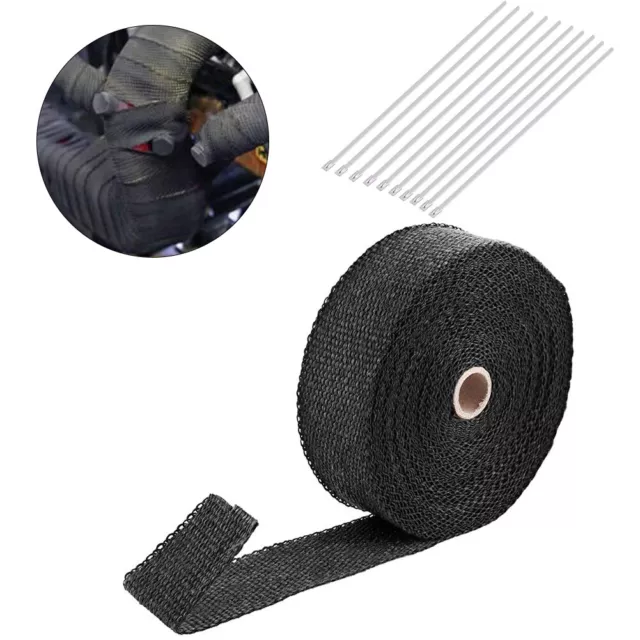 2000℉ Black Car Exhaust Pipe Heat Insulation Wrap 50mm X 15m With 10 Stainless