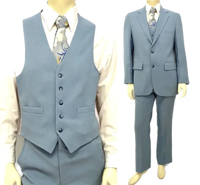 Vintage mens 40R suit 34 x 30 3 pc blue polyester Lord Bauer 70s80s includes tie