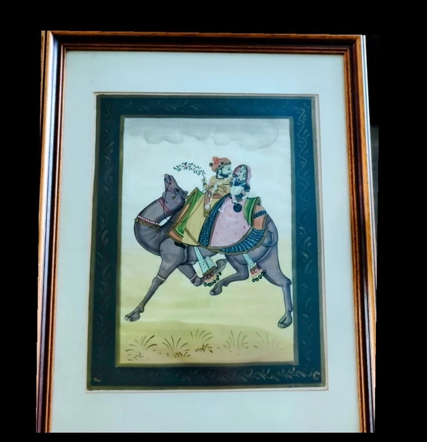 Indische Gouache-Malerei /  Glas - Holzrahmen / 1960 / Adel - Liebespaar / Kamel