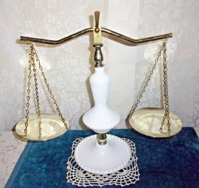 Mid-Century Fenton Hobnail Milk Glass with Brass Scales of Justice