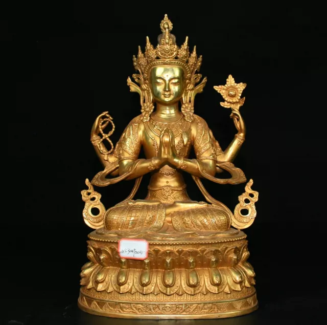 Tibet Kupfer Gilt Sitz Lotus 4-Arm Chenrezig Avalokiteshvara Buddha Statue