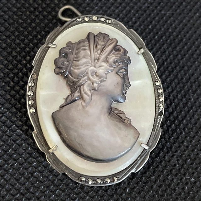 Broche Ancienne En Argent Avec Marcassites Et Nacre - Bijou Vintage - Occasion