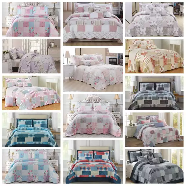 Patchwork 3 Piece Quilted Printed  Bedspread Comforter bed Throw and Pillow Sham