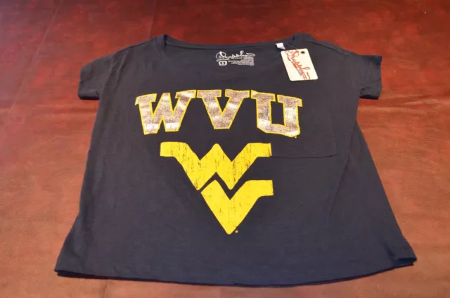 NWT WVU West Virginia Mountaineers Womens "Bling" Blue Cotton Shirt with pocket