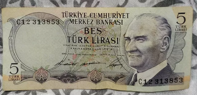 Turkiye Cumhuriyet Merkez Bankasi 5 Turk Lirasi Paper Bill
