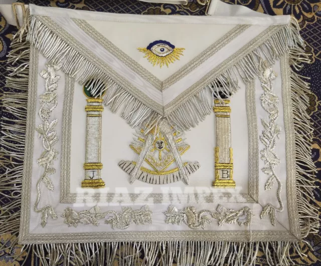 Masonic Regalia Past Master Apron White Embroidered Silver Fringes Gift For Him 2