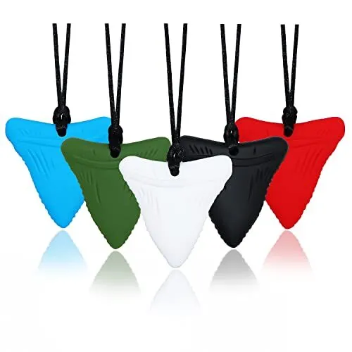 Sensory Chew Necklaces for Kids, Shark Tooth Silicone Chewy Necklace 5 Pack f...