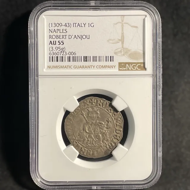 1309-1343 1G Robert D'anjou Gigliato Naples Italy Almost Uncirculated NGC AU55