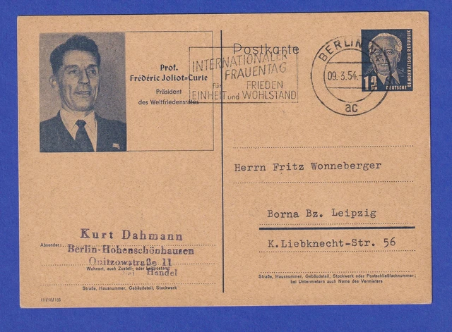 DDR Pieck Sonderpostkarte P52/02 Joliot-Curie gel. von Berlin nach Borna 9.3.54