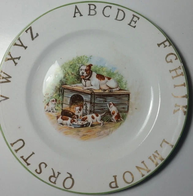 c1910 Vintage American Bulldog on Doghouse with Puppies Alphabet Plate