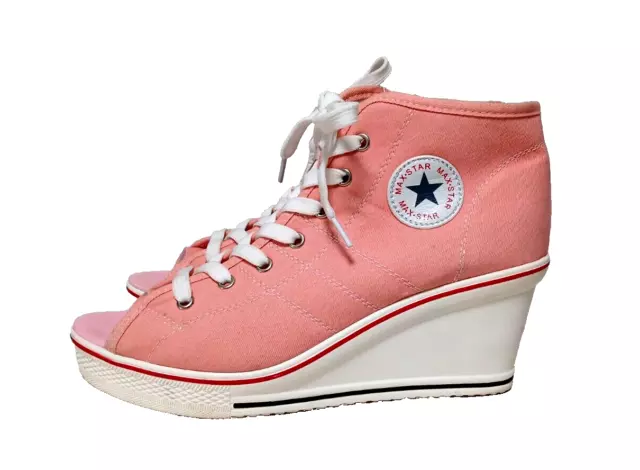 Yufu Max Star Pink Hightop Wedge Sneakers Open Toe Lace Up Zip Close Women Sz 10