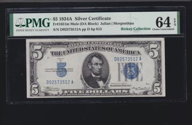 US 1934A $5 Silver Certificate Mule FR 1651m PMG 64 EPQ Ch CU (512)