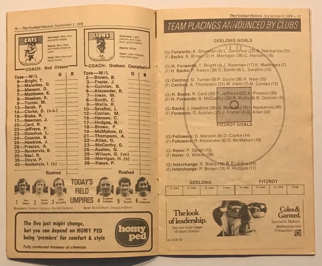 1978 VFL HOME & Away Football Record Geelong V Fitzroy 2 September 12.00 PicClick AU