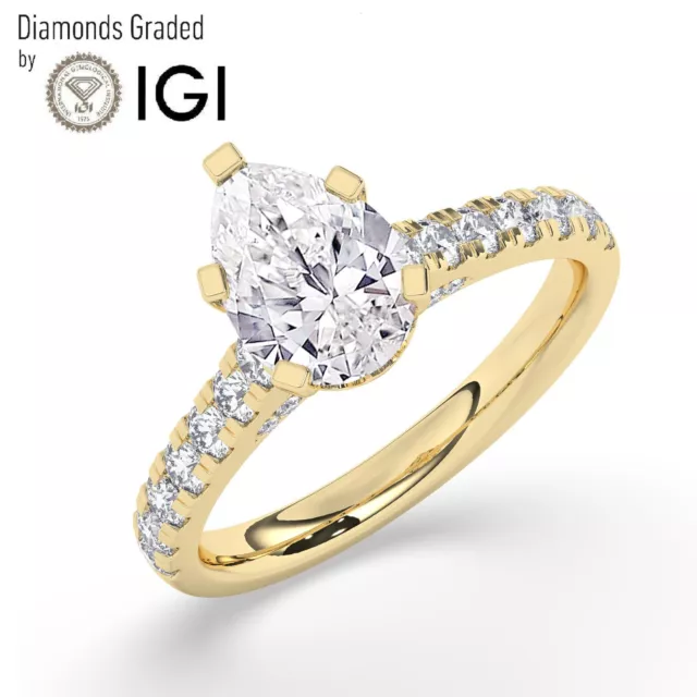 IGI, F/VS1,2 CT Solitaire Lab-Grown Pear Diamond Engagement Ring,18K Yellow Gold