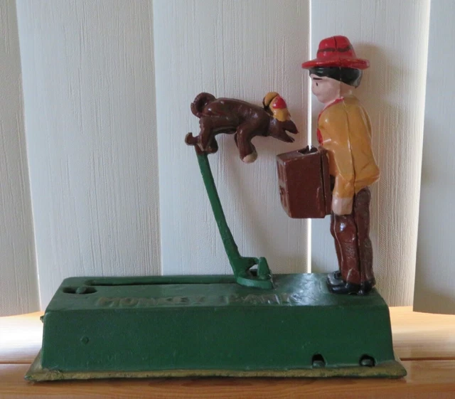 VINTAGE CAST IRON Mechanical Bank "Monkey & Organ Grinder" Taiwan