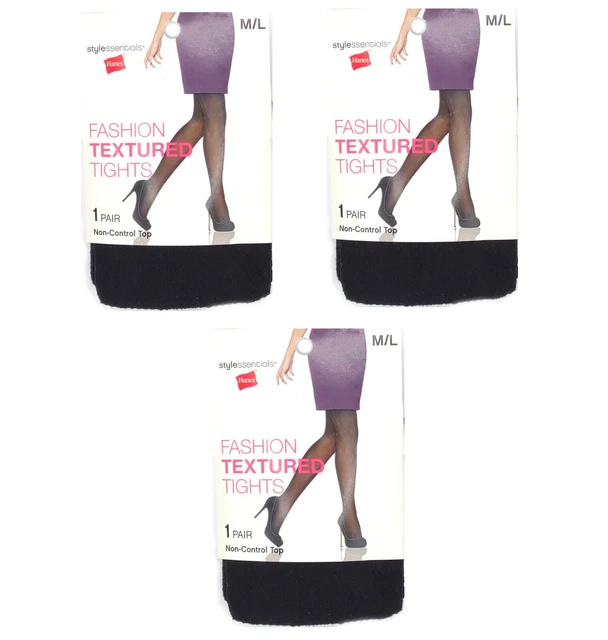 Set of 3 Hanes Fashion Diamond Dot Textured Tights, Black, M/L or L/XL NEW