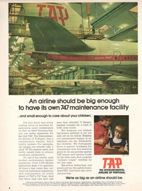 Tap Air Portugal Airlines Boeing 747 Hangar 1974 Advertising Vintage