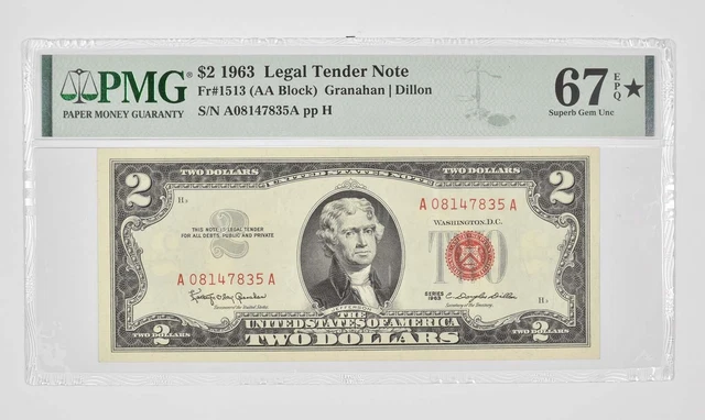 $2 1963 US Legal Tender Note Red Seal PMG 67 EPQ STAR Fr# 1513 (AA Block) *0953