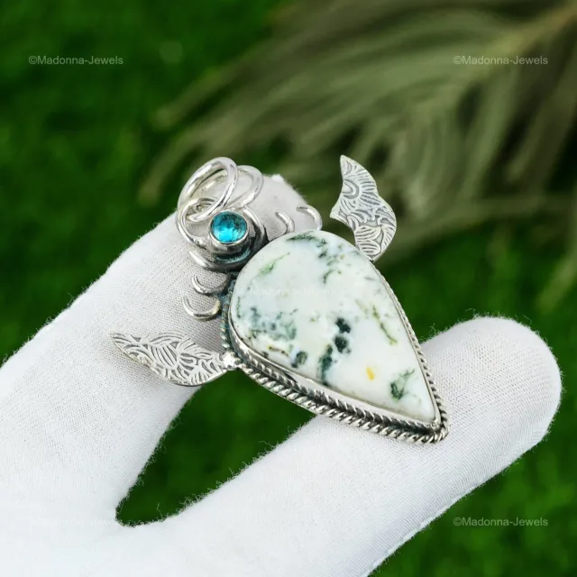 Wedding Gift For Her 925 Sterling Silver Natural Tree Agate Gemstone Pendant