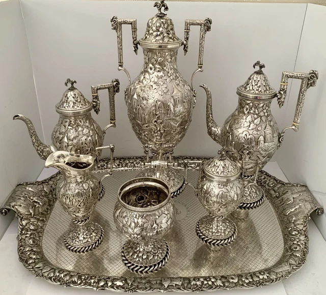 Massive Kirk Sterling Architectural Castle Landscape Repousse Tea Set 394 Tr Oz
