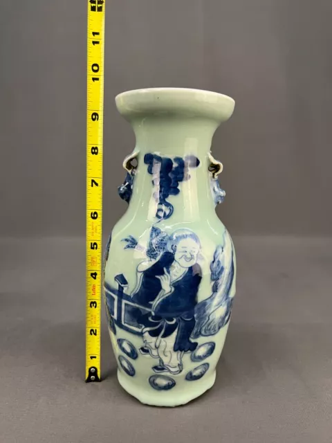 19th Century Chinese Porcelain Celadon Blue And White Figural 9 1/2" Vase 2