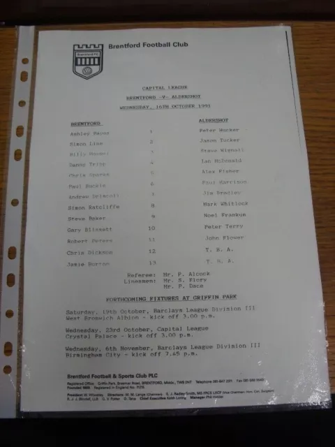 16/10/1991 Brentford Reserves v Aldershot Reserves  (Black & White Single Sheet)