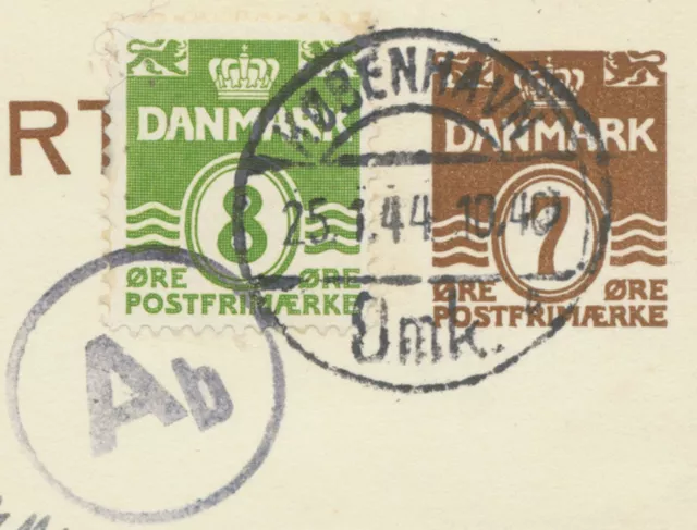 DÄNEMARK 1944 7 Öre Ziffer GA-Postkarte m. Zusatzfrankatur als LUFTPOST-Karte 2